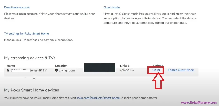 unlink linked V from Roku account